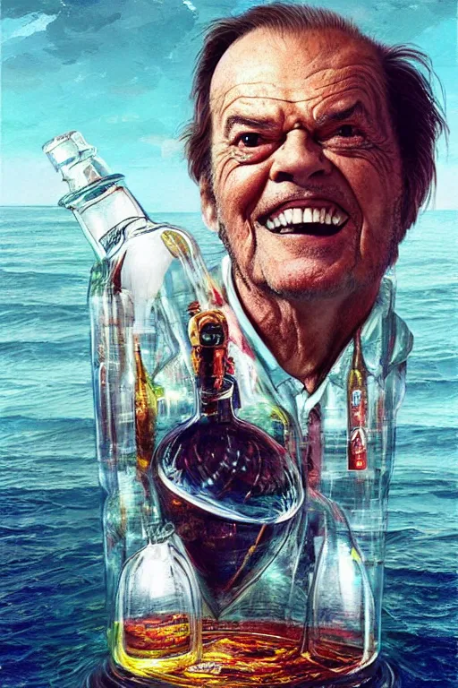 Image similar to a ship in a bottle but instead of a ship it is jack nicholson in the bottle, painting by android jones and artgerm and greg rutkowski