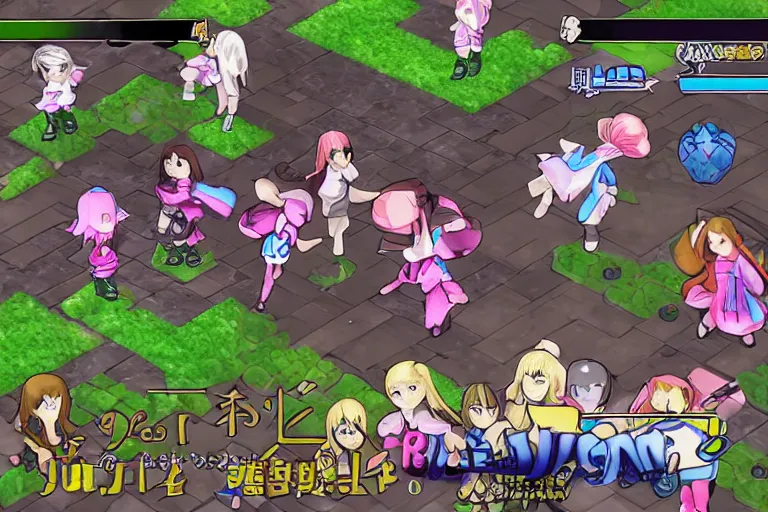 Image similar to BLACKPINK in a JRPG, 3rd person, Nintendo DS game screenshot