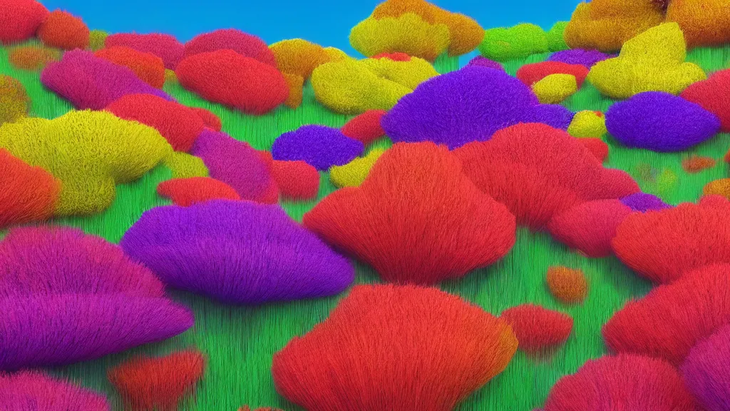Prompt: digital illustration of a field of giant vibrant multi - colored platycodon flowers by dr. seuss, reimagined by ilm and beeple : 1 | megaflora by dr. seuss, spectral color, rolling hills : 0. 9 | fantasy : 0. 9 | unreal engine, deviantart, artstation, hd, 8 k resolution : 0. 8