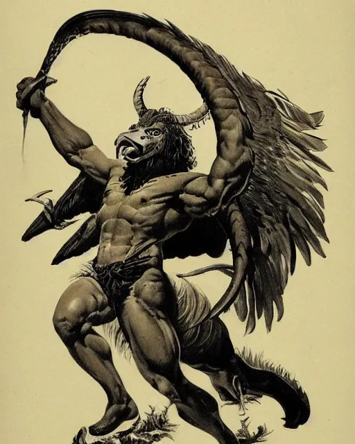 Prompt: human / eagle / lion / ox hybrid with two horns, one big beak, mane, human body. drawn by frank frazetta