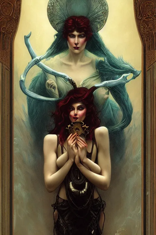 Image similar to Devil by Tom Bagshaw in the style of Gaston Bussière, art nouveau, art deco