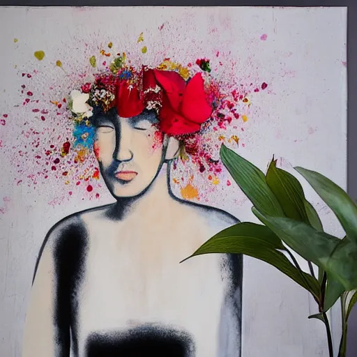 Image similar to “art in an Australian artist’s apartment, portrait of a woman wearing stained white cotton cloth, stained by fresh raspberries and strawberries and blueberries, white wax, edible flowers, Japanese pottery, Australian native white and red flowers ikebana, black walls, acrylic and spray paint and oilstick on canvas”