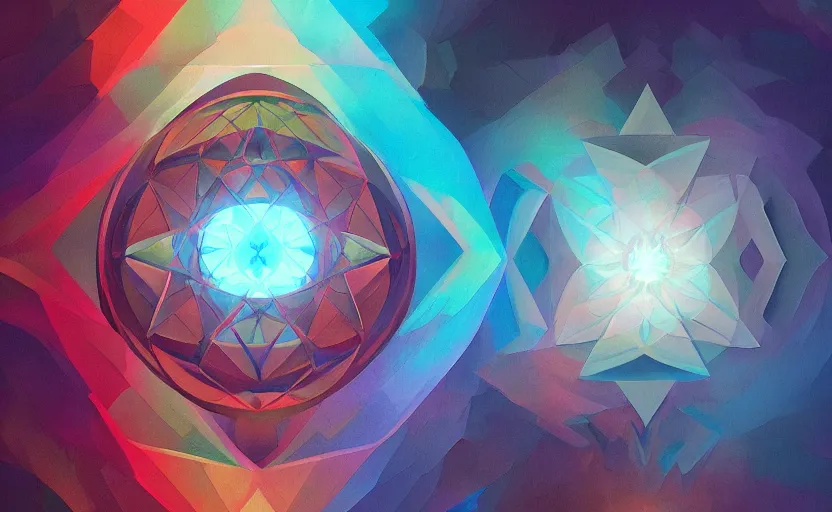 Prompt: a painting of a sacred geometry trending on artstation in the style of greg rutkowski, 3 d, fractal, 4 d, endless, rainbow, geometric tesseract, symmetry, wallpaper, sacred
