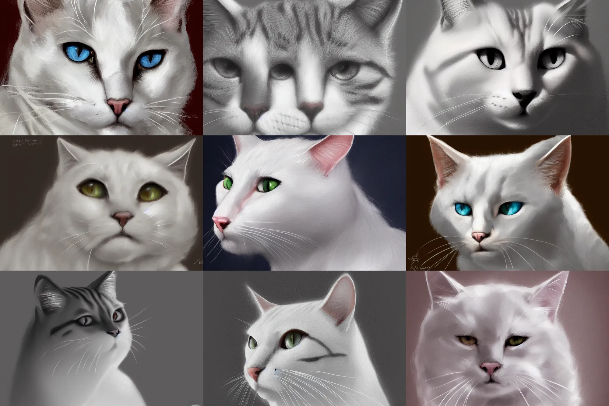 Prompt: Head and shoulders portrait of a white anthro cat, digital art, ArtStation