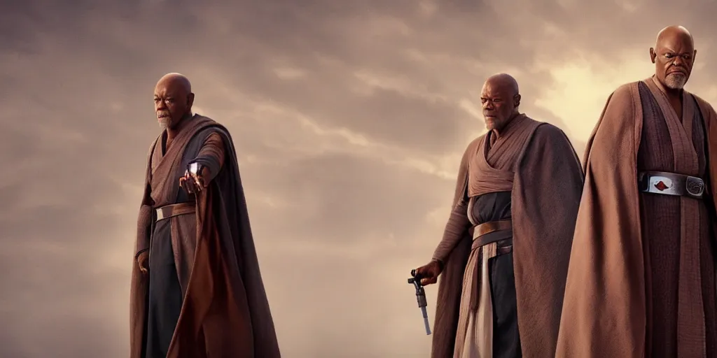 Image similar to obi - wan kenobi disney plus show, old mace windu played by samuel l jackson, standing alone, accurate ultra realistic faces, 4 k, movie still, uhd, sharp, detailed, cinematic, render, modern