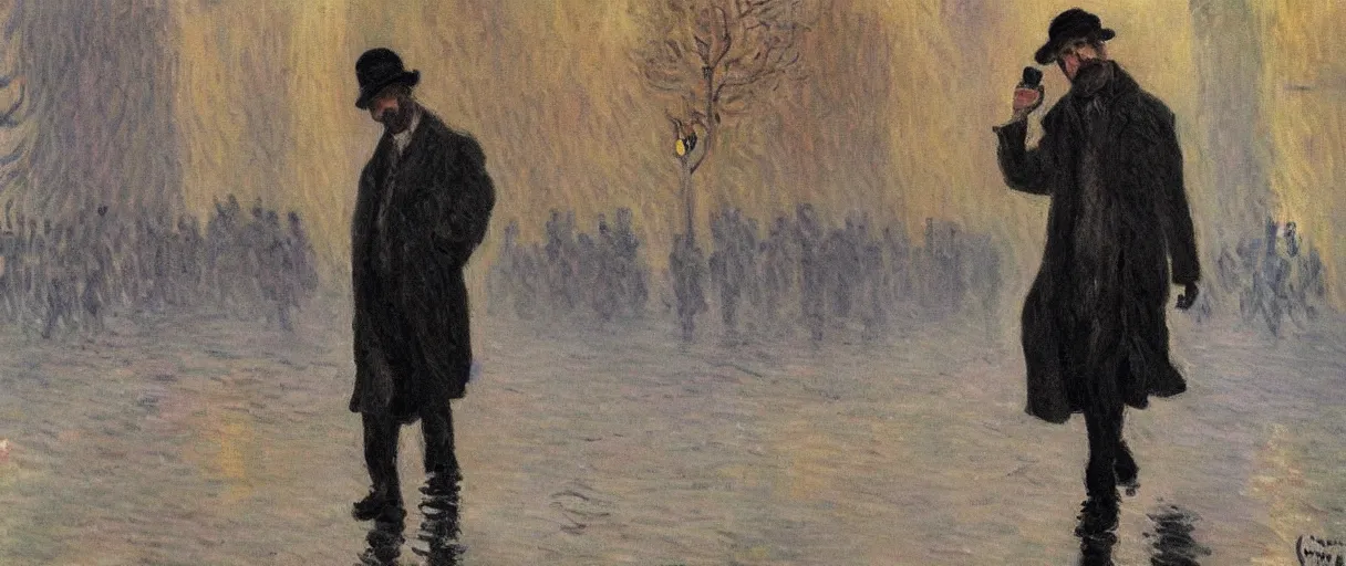 Image similar to a single!!!!!!! drunk and depressed film noir detective in a trench-coat, walking along a street; a painting by Claude Monet