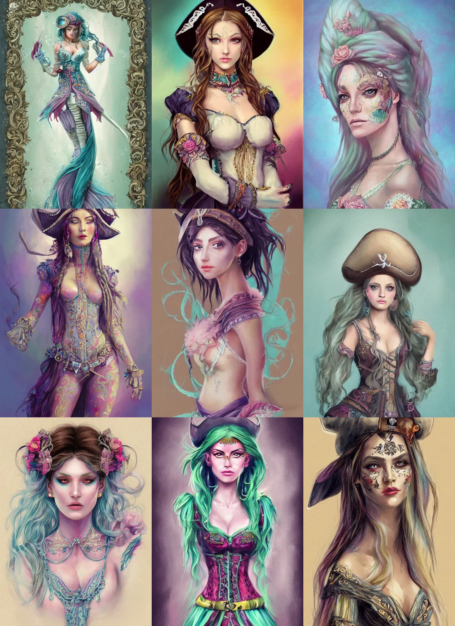 Prompt: beautiful full body concept art, beautiful pastel paint illustration of a beautiful pirate female with beautiful face wearing intricate clothing