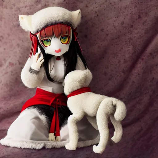 Prompt: cute fumo plush of the wolf priestess of the jungle temple, canine shrine maiden, vray