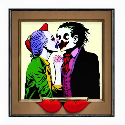 Image similar to banksy as joker and harley queen kissing, realistic content, detail content, paper border, 5 color