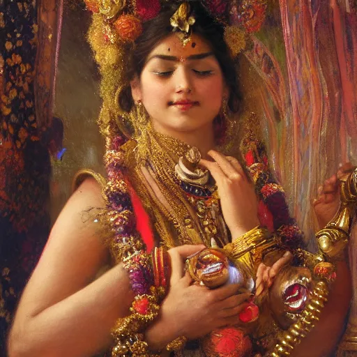 Image similar to detailed full body of hindu traditional woman blindfolded high - tech vr headset in baroque style, girl graceful,, painting by gaston bussiere, craig mullins, j. c. leyendecker, lights, art by ernst haeckel, john william godward, hammershøi,,