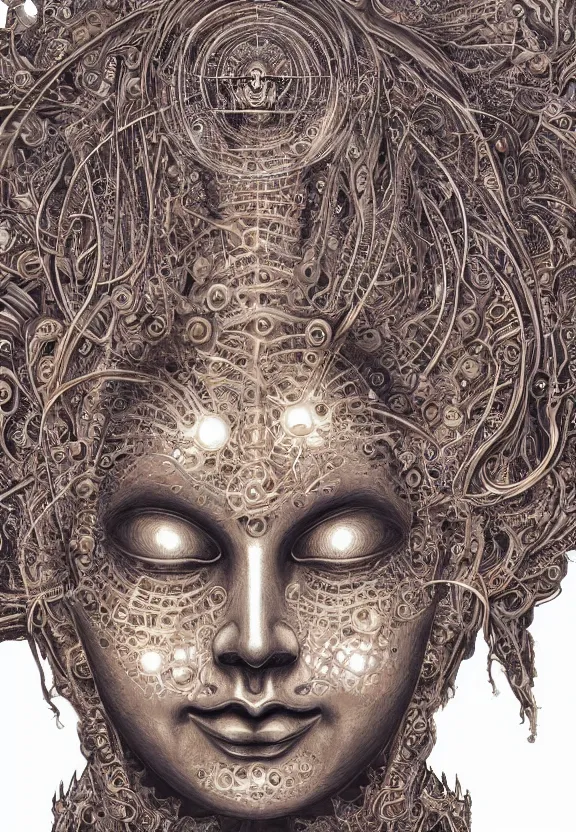 Image similar to perfectly centered portrait, front view of a beautiful biomechanical fractal robot buddha, female, flowing hair, intense stare, sarcastic smile, symmetrical, concept art, intricate detail, volumetric shadows and lighting, realistic oil painting by alex grey and gustave dore,