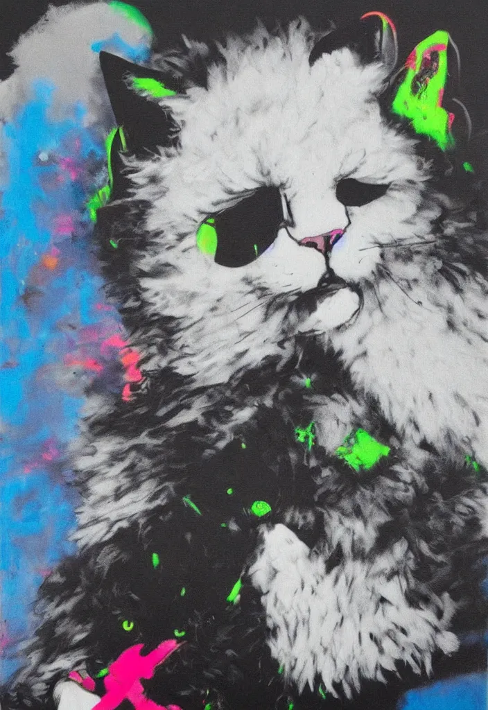 Image similar to fluffy cat with an afro comb t - shirt design, by jules julien, kaws, dark grisaille monochrome neon spraypaint, ironic surrealism, hypebeast