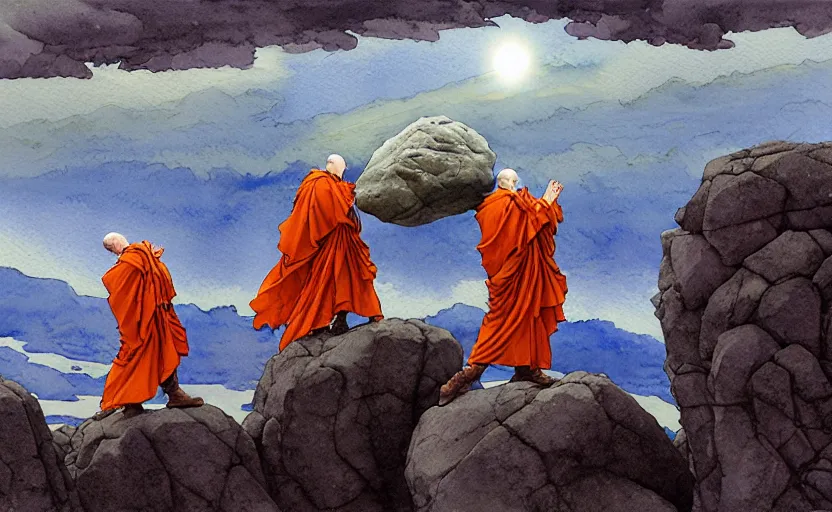 Image similar to a hyperrealist watercolour concept art of a group of grey monks levitating a huge rock in the air over their head. it is a misty night on the moors of ireland. a large flat rock is in the sky. by rebecca guay, michael kaluta, charles vess and jean moebius giraud. high detail, hq, wide shot