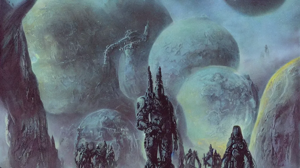 Image similar to eerie atmospheric alien planet empire by jack gaughan and bob eggleton and chris moore, epic cinematic matte painting