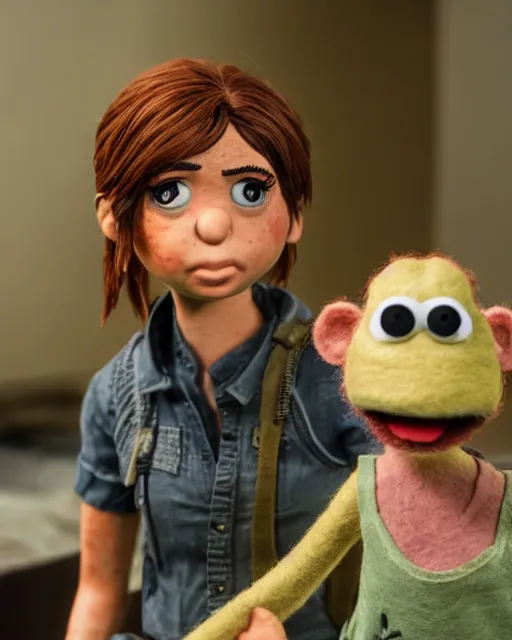 Image similar to abby from the last of us as a muppet. highly detailed felt. hyper real photo. 4 k.