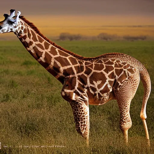 Prompt: a Giraffe with the armor of a pangolin, national geographic photograph