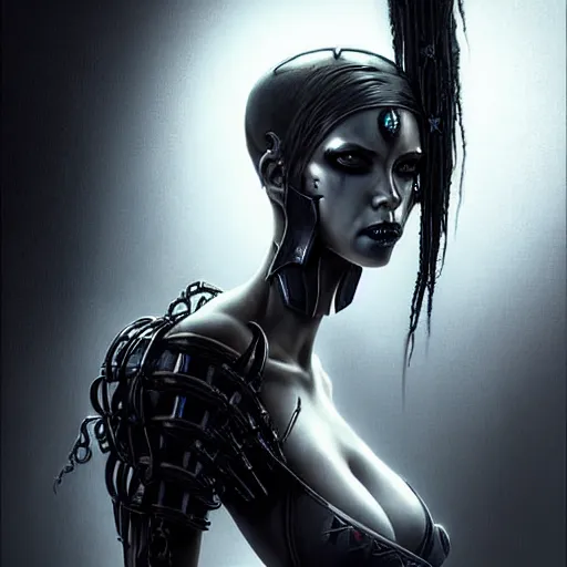 Image similar to portrait of a female cybergoth grim dark, dark, piercing eyes, exotic expression, esoteric clothing, photorealistic, highly detailed, mysterious lighting, artstation, smooth, sharp focus, art by michael whelan, artgerm, greg rutkowski and luis royo