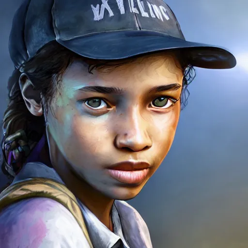 Prompt: portrait art of clementine from game the walking dead by telltale games, 8 k ultra realistic, lens flare, atmosphere, glow, detailed, intricate, full of colour, led lighting, 4 k, hyperrealistic, focused, extreme details, unreal engine 5, masterpiece