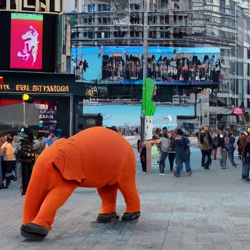 Image similar to a photo of an orange elephant on a skateboard, in times square at sunset