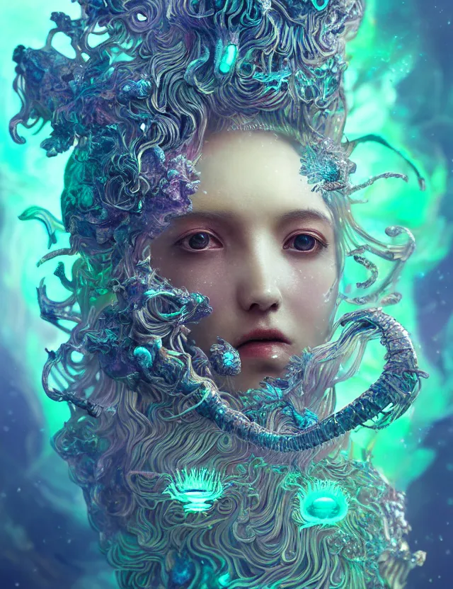 Image similar to goddess macro close - up portrait wigh crown made of ram skull. betta fish, jellyfish phoenix, bioluminiscent, plasma, ice, water, wind, creature, super intricate ornaments artwork by tooth wu and wlop and beeple and greg rutkowski