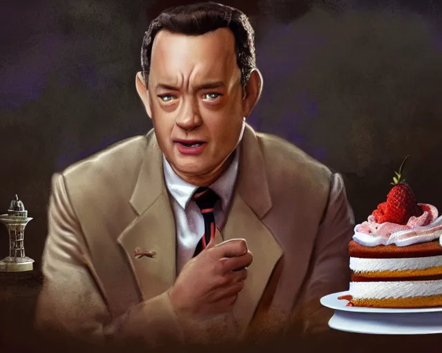 Image similar to tom hanks as forrest gump eating a cake in hogwarts, digital art, highly detailed, artstation, award winning, in the style of Irina French