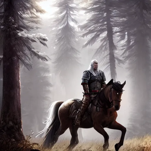 Image similar to Geralt of Rivia riding a horse in forest, 4k, artstation, cgsociety, award-winning, masterpiece, stunning, beautiful, glorious, powerful, fantasy art