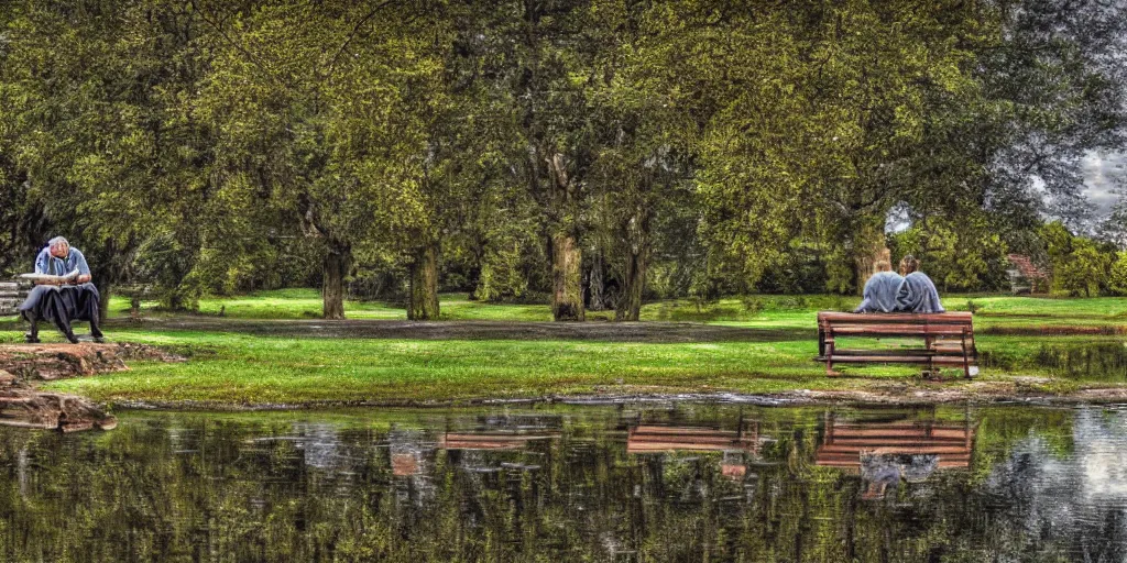 Prompt: mathematician and a philosopher sitting on a bench in front of a pond, intricate detailed reflection, HDR,