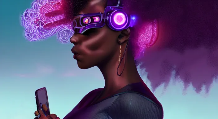 Image similar to cyberpunk black woman with afro hair, rio de janeiro!! on the background, blue and purple digital art trending on artstation, atmospheric lighting, artgerm