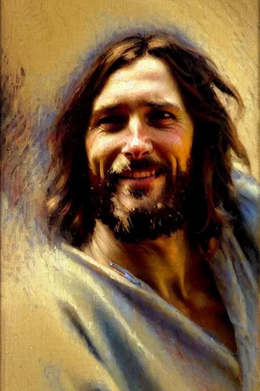 Image similar to impressionist brushstrokes!!!!!!!!! solomon joseph solomon and richard schmid and jeremy lipking victorian loose genre loose painting full length portrait painting of jesus with a slight smile happy inviting