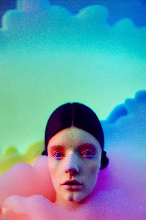 Image similar to high quality pastel coloured film close up wide angle photograph of a model wearing clothing swimming on cloud furniture in a icelandic black rock!! environment in a partially haze filled dreamstate world. three point light, rainbow. photographic production. art directed. pastel colours. volumetric clouds. pastel gradient overlay. waves glitch artefacts. extreme facial clarity. 8 k. filmic.