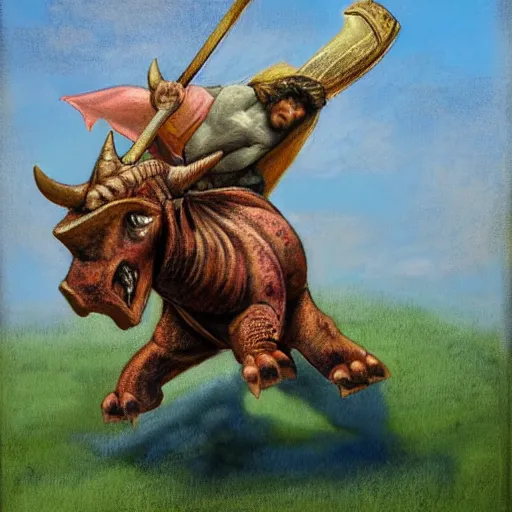 Image similar to roman riding triceratops with spear, pastel