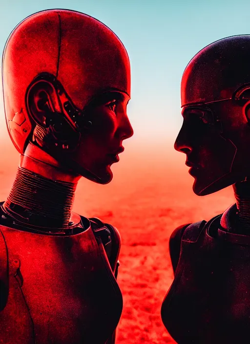 Image similar to cinestill 5 0 d photographic portrait of two loving female androids wearing rugged black techwear on a desolate plain with a red sky in front of a brutalist sculpture, extreme closeup, cyberpunk style, dust storm, 8 k, hd, high resolution, 3 5 mm, f / 3 2, ultra realistic faces, ex machina