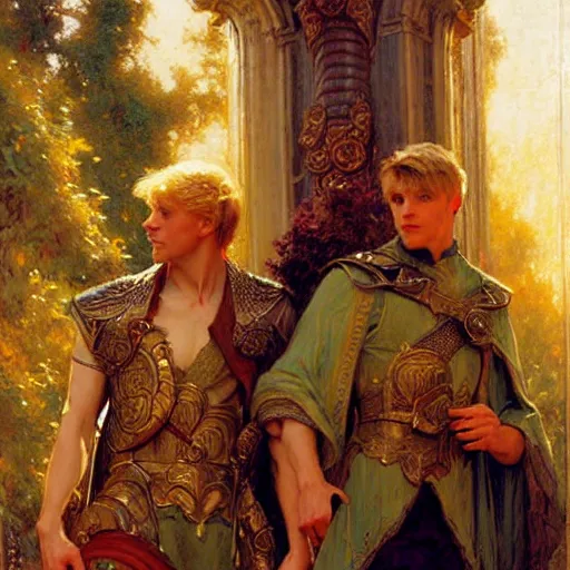 Image similar to attractive arthur pendragon with attractive male merlin the mage. they are in love. highly detailed painting by gaston bussiere, craig mullins, j. c. leyendecker