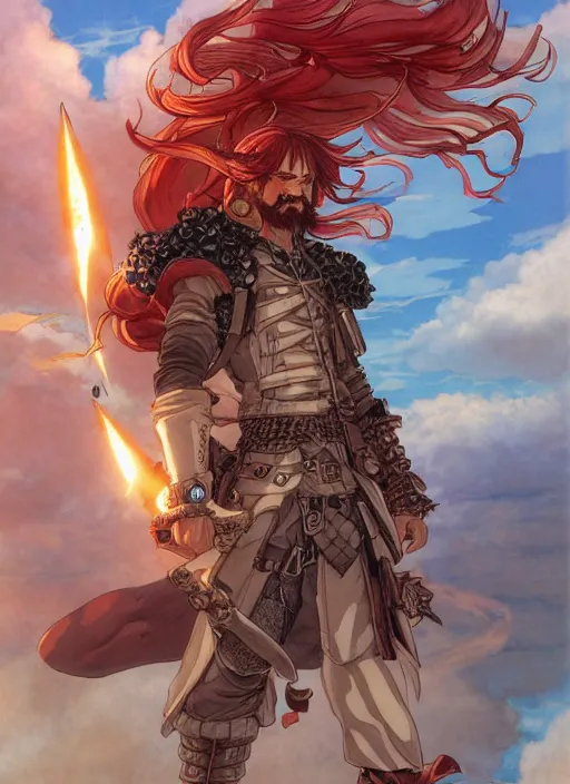 Image similar to prompt : ragnarok online portrait soft light painted by james jean and katsuhiro otomo and erik jones, inspired by akira anime, epic fantasy, a long red haired, red bearded male sky - pirate standing in front of an airship, intricate oil painting, high detail illustration, sharp high detail, manga and anime 1 9 9 9