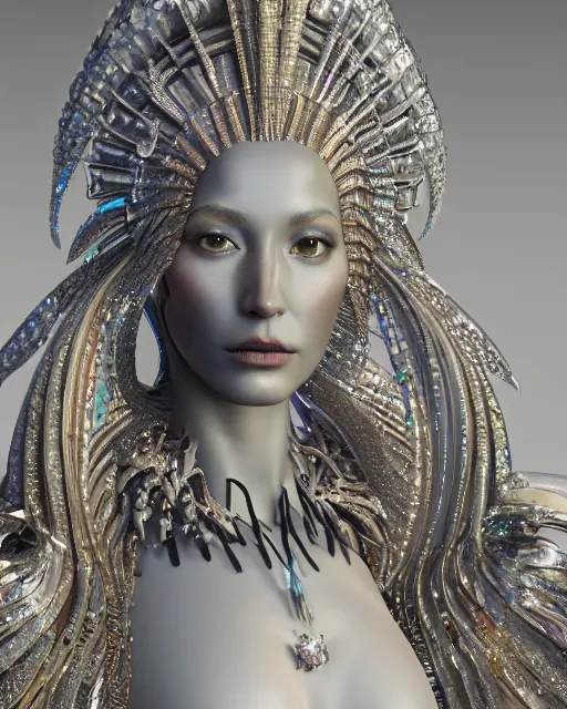 Image similar to a highly detailed metahuman 4 k close up render of an alien goddess bella hadid monument naga siren in iris van herpen dress schiaparelli in diamonds crystals swarovski and jewelry iridescent in style of alphonse mucha gustav klimt trending on artstation made in unreal engine 4