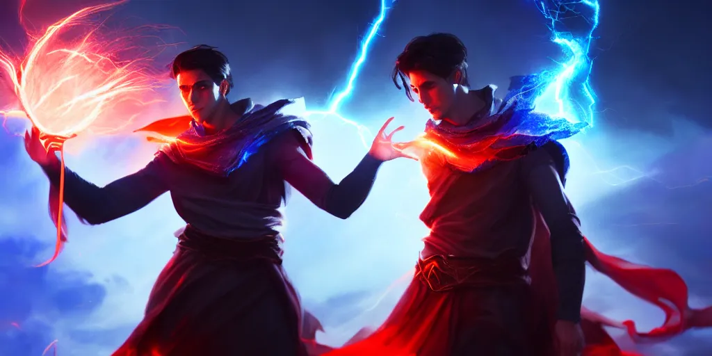 Image similar to epic scene of a handsome brown haired male sorcerer he is casting a blue and red spell, medium shot, waist up, light rays, epic composition, dynamic lighting, post processing, concept art, cinematic, trending on artstation