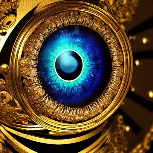 Image similar to The eye of god Rah, intricate, ornate, photorealistic, ultra detailed, gold, octane render, high definition, depth of field, bokeh, 8k, artstation