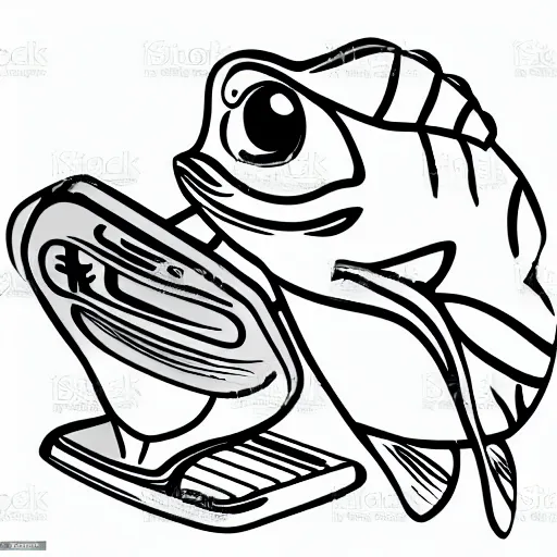 Image similar to worried humanoid fish sitting in front of a computer, black and white vector art