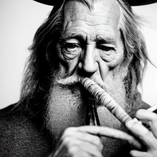 Image similar to a closeup black and white studio photographic portrait of gandalf smoking a long pipe, dramatic lighting