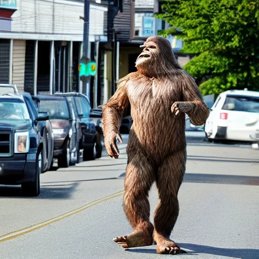 Prompt: bigfoot walking down the street in downtown Bremerton Washington