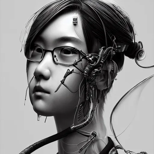 Image similar to the portrait of an absurdly beautiful, graceful, sophisticated, fashionable cyberpunk japanese school girl, an ultrafine hyperdetailed illustration by kim jung gi, irakli nadar, greg rutkowski, intricate linework, complex wiring, porcelain skin, machine guns, unreal engine 5 highly rendered, global illumination, radiant light, detailed and intricate environment