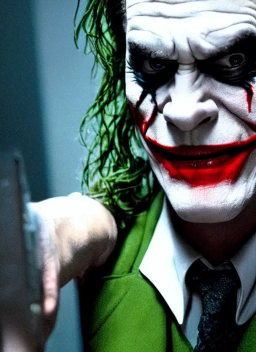 Image similar to film still of Jim Carrey as The Joker in The Dark Knight, 4k