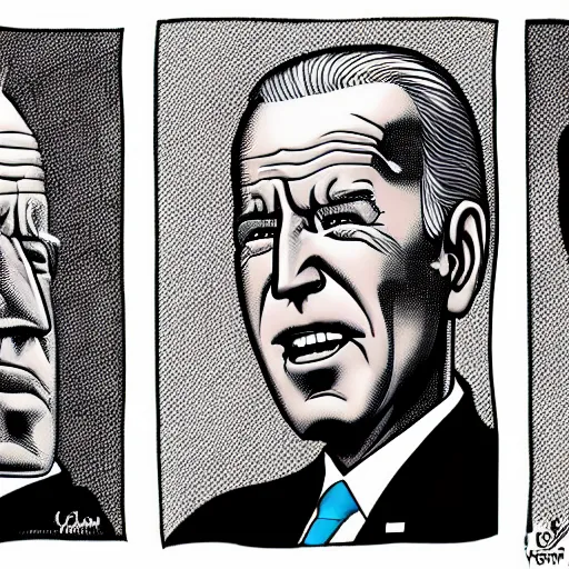 Prompt: joe biden portrait in the style of cartoonist charles burns