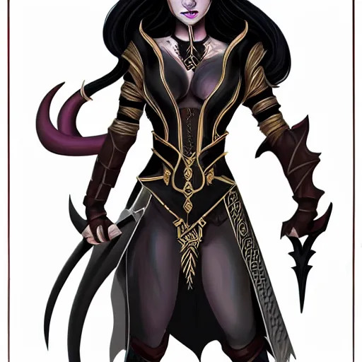 Image similar to portraif of a beautiful female tiefling from dungeons and dragons wearing armor, black long hair, intricate details,