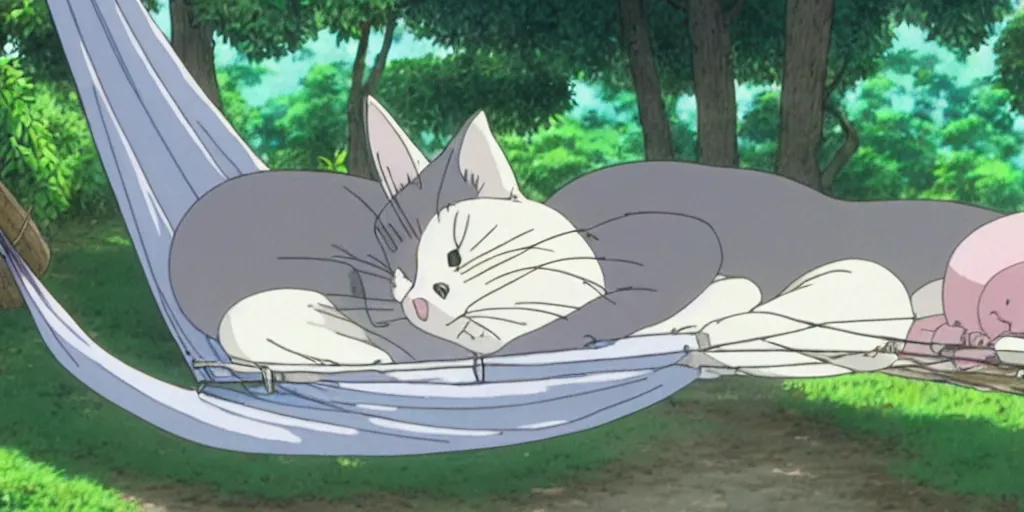 Image similar to grey european shorthair cat sleeping on a hammock, anime still by studio ghibli, by hayao miyazaki