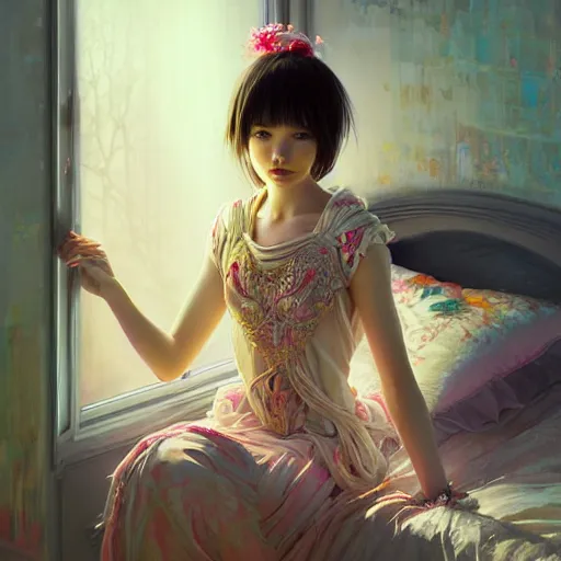 Prompt: beautiful young girl in intricate clothing by ross tran, sleeping in a messy bedroom at night, painted by sana takeda, reflections, very high intricate details, painting by liu xiaodong, digital anime art, medium shot, mid - shot, composition by ilya kuvshinov, backlit, lighting by greg rutkowski