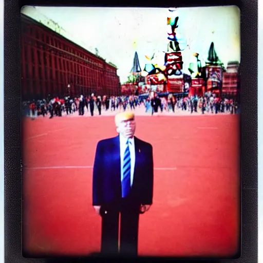 Prompt: vintage Polaroid of Trump vibin' on red square