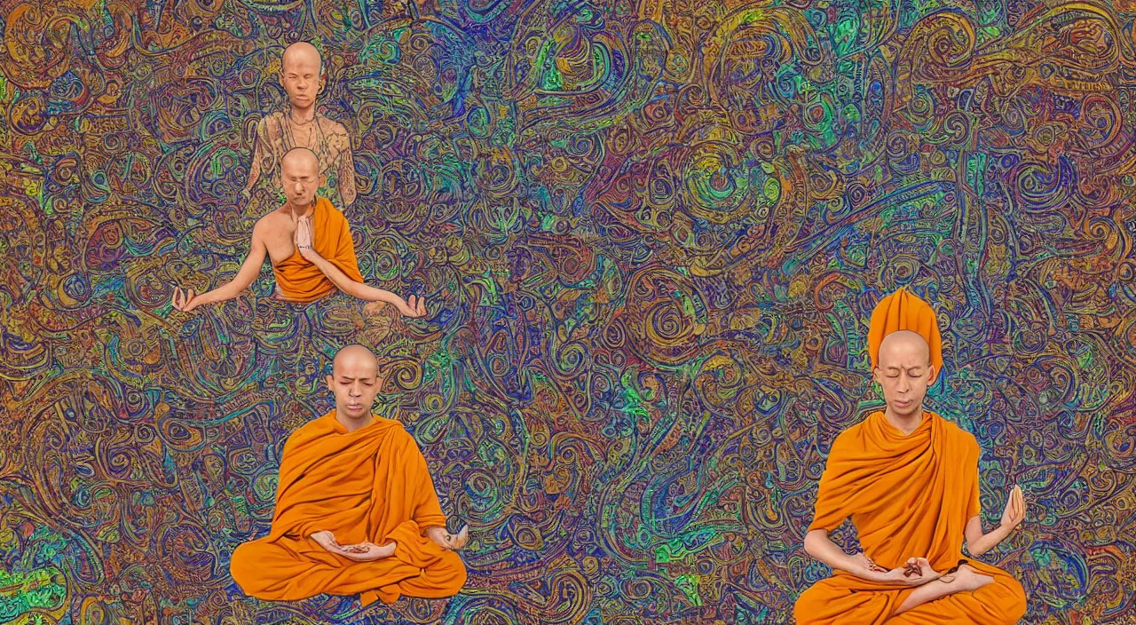 Image similar to a augmented meditating monk sitting on a stone, visionary art style,