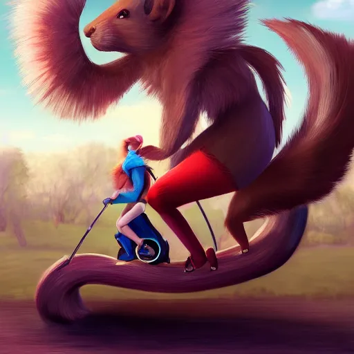 Prompt: girl riding a giant squirrel in the park, trending on artstation