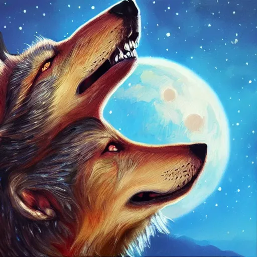 Image similar to A Hyperdetailed Award Winning Masterpiece trending on artstation of a wolf howling at the moon, oil painting